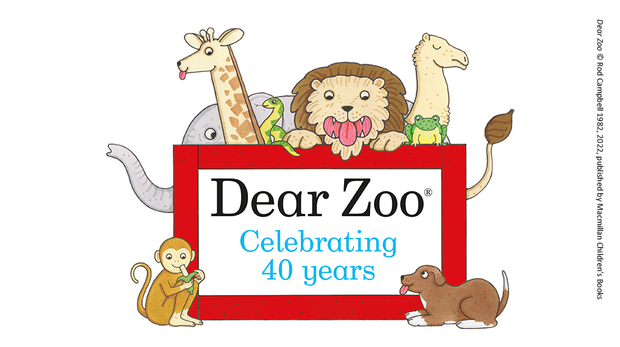 The Dear Zoo illustrated animals in and around a red crate which reads Dear Zoo; Celebrating 40 years