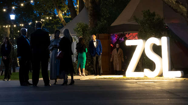 zsl sign with people wearing formal dress at night