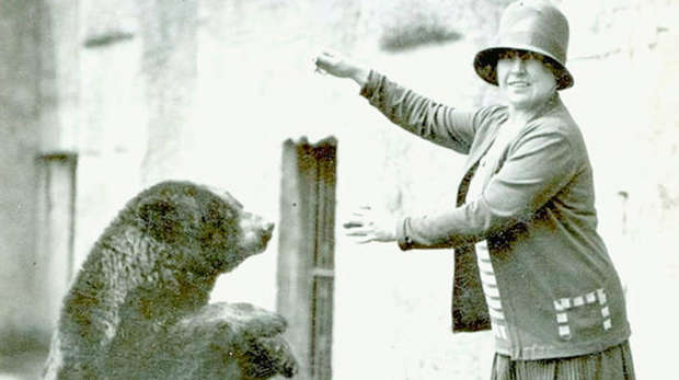 Original Winnie the Pooh, with a woman in Mappin Terraces