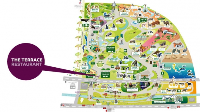 Map of ZSL London Zoo highlighting the location of the Terrace Restaurant
