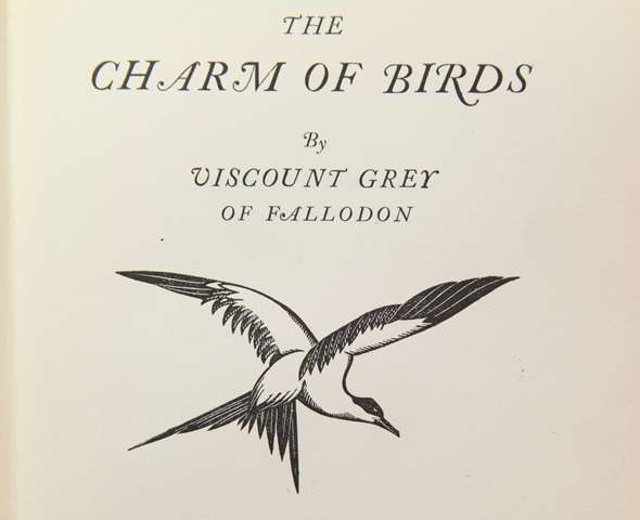 Title page of `Charm of birds' by Viscount Grey of Fallodon with a woodcut illustration by Robin Gibbings, published 1927