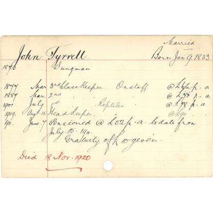 Staff record card for John Tyrell, 1853-1920