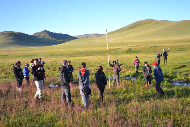Prof. Gomboo demonstrating the use of mist netting on the 2015 ZSL Mongolia Summer Field Course