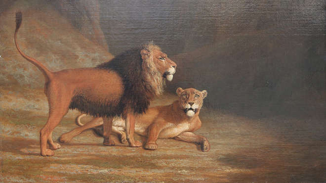 Agasse painting 'Lion and a Lioness in a Rocky Valley’ 