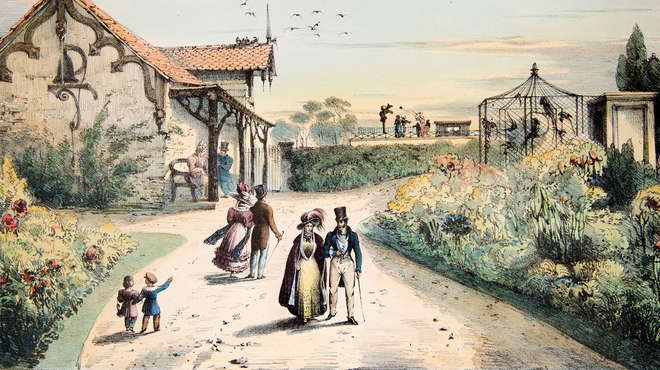 Illustration of people walking through London Zoo in 1831