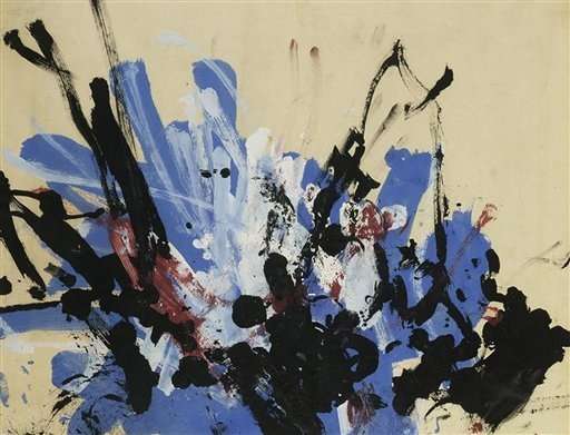 Abstract painting in mainly black, blue, white and black with the colours radiating from a black central point.