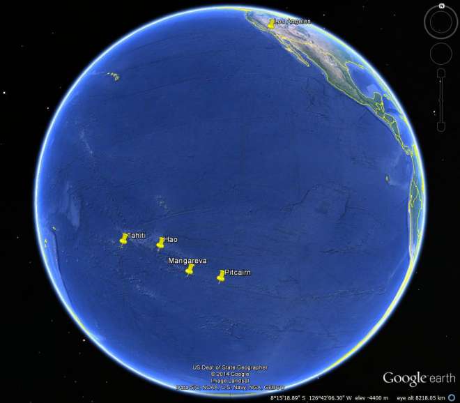 Google Earth map showing Ana's route to Pitcairn