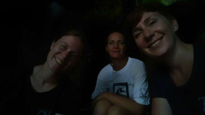 Olivia, Rach Bristol and Rach Haydon smile for the camera while on a Sheath-tailed bat survey