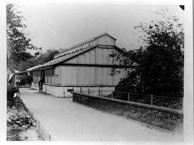 Black and white photo of the Fish House exterior from the south, circa 1875