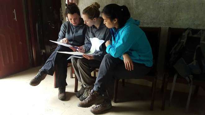 Jessica, Clare, and Heidi ground-truthing land cover in the Miao villages bordering the Bawangling National Nature Reserve