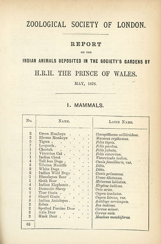 List of Indian mammals deposited by HRH the Prince of Wales as printed in the Guide to the Gardens... by Philip Lutley Sclater, 1876