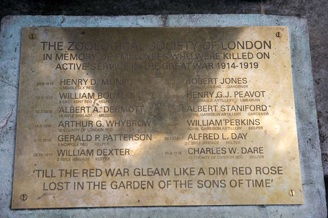 Brass plaque on the War Memorial at ZSL London Zoo, listing staff who died in World War I.