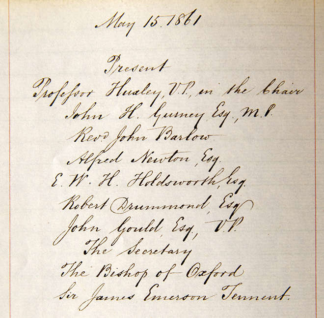 Huxley and Wilberforce serve together on Council - entry from 1861 Council Minutes.