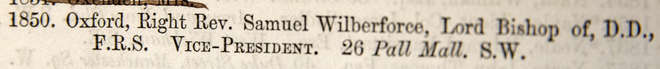 Bishop of Oxford, Samuel Wilberforce's entry in ZSL's Fellowship Lists.