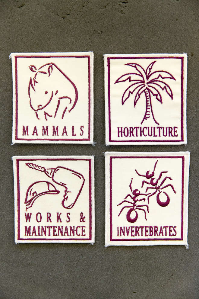 Animal section patches. They show mammal department, horticulture department, works and maintenance and invertibrates.
