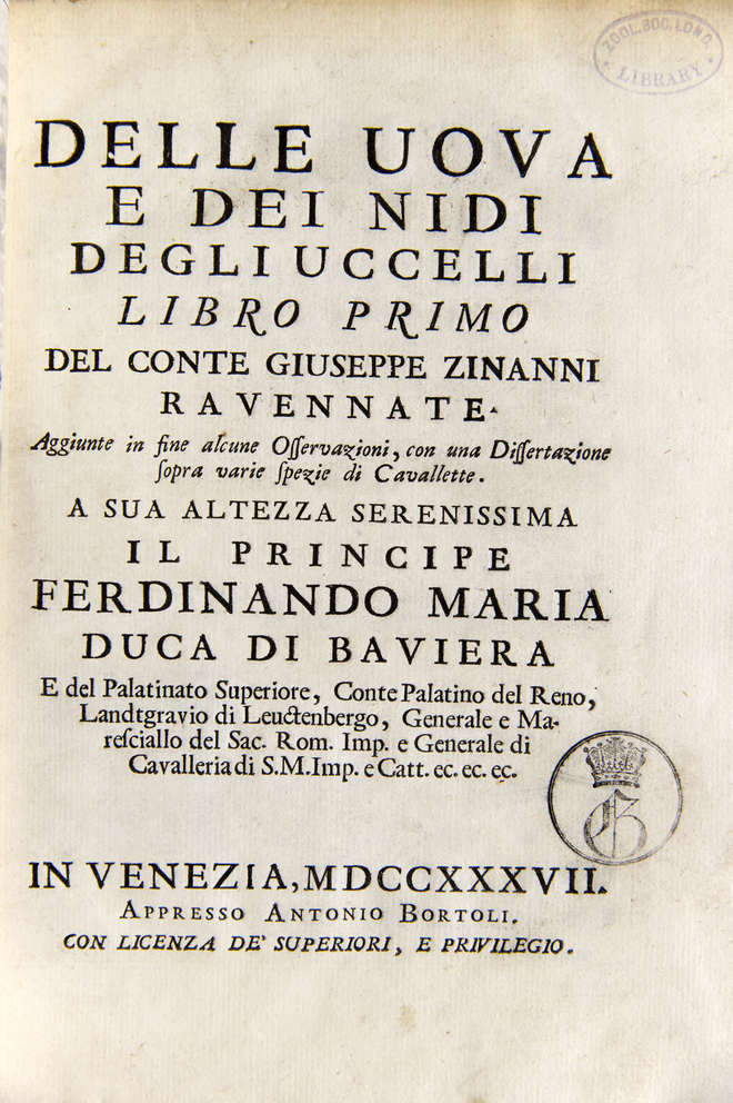 Title page in Latin of Zinanni's book on bird eggs
