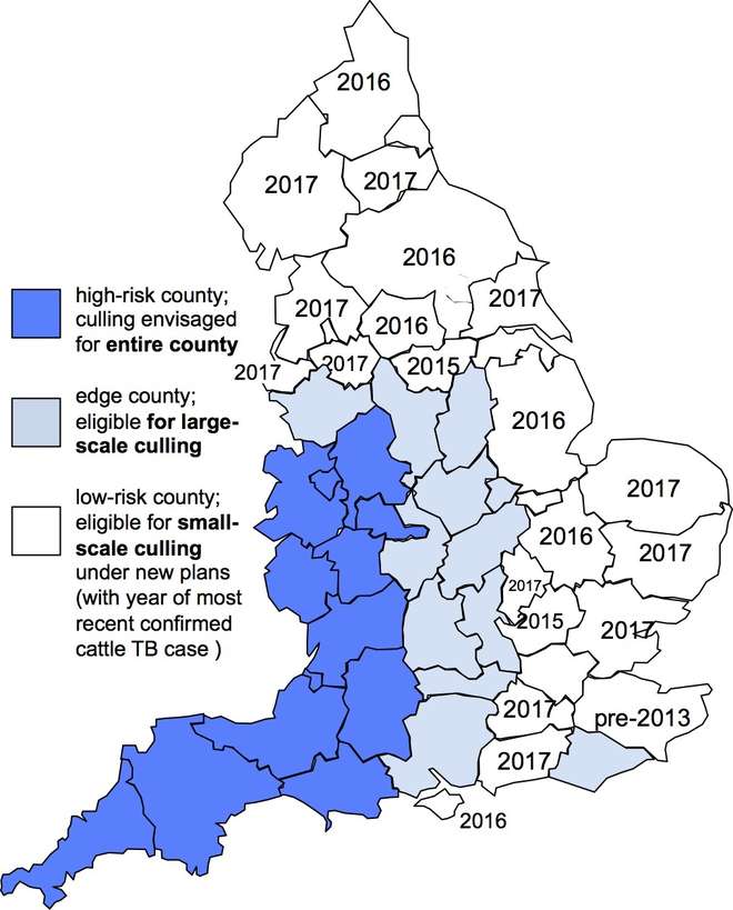 This map shows cattle TB risk for counties in England