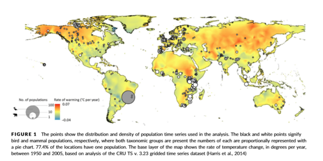 Heat map of world showing areas of warmth along with population distribution