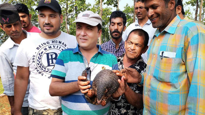 Members of a group holding a pangolin