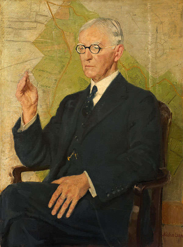 Oil painting of Chalmers Mitchell sat in a chair with map of Whipsnade Zoo behind