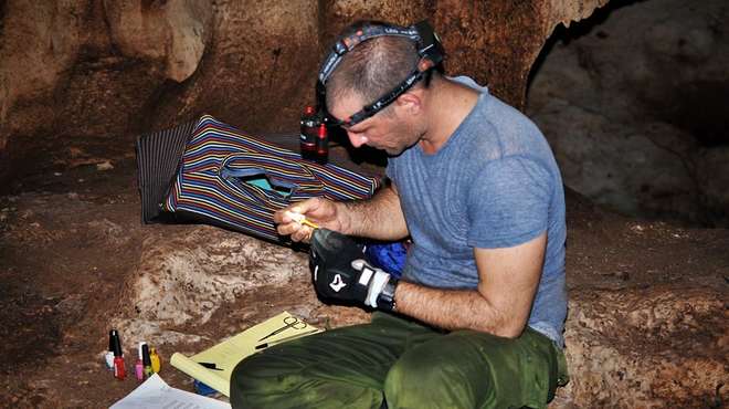 Photo - conservationist sat on cave floor, applying nail varnish to a bat