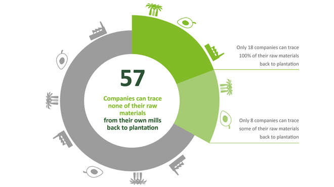 Infographic - Text reads - 57 companies can trace none of their raw materials from their own mills back to plantation.