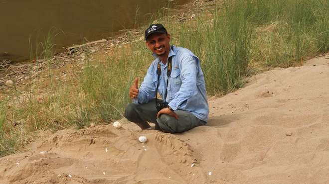 Photo - Young man in a blue shirt, sat on a sandy riverbank next to a gharial nest