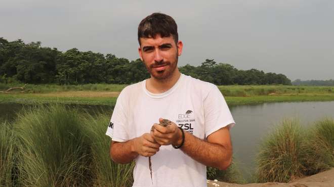Photo - Young man iin a white ZSL/EDGE t-shirt, holding a gharial hatchling with river in background