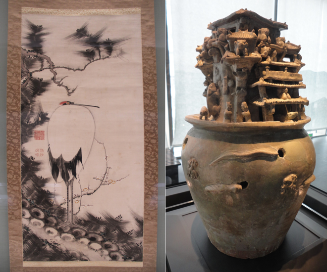 Left, 'White Crane in Pine Tree', Ito Jakuchu, 18th century. Tokyo National Museum, Japan. Right, ceramic funerary urn, or ‘spirit jar/hun ping’, with animals, c. 200-600 A.D. Six Dynasties Museum, Nanjing, China.