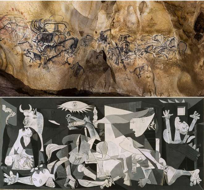 Top, 'Lion Panel', c.30,000 B.C. Chauvet-Pont d’Arc Cave, Centre National de Préhistoire, France. Bottom, 'Guernica', Pablo Picasso, 1937. Museo Nacional Centro de Arte Reina Sofía, Spain.