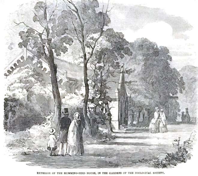 Black and white print of the exterior of the Hummingbird House among trees, visitors in Victorian dress walking towards the building