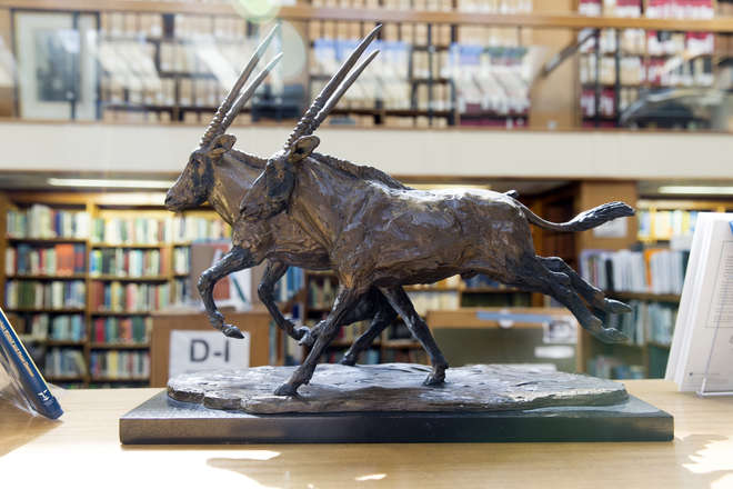 Side view of a bronze sculpture depicting two Arabian oryx