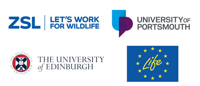 Logos of partners for this symposium: Zoological Society of London, University of Portsmouth, University of Edinburgh and EU Life