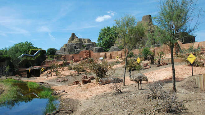 Outback exhibit at London Zoo with Mappin Terraces in background, emu in enclosure with pond in foreground.